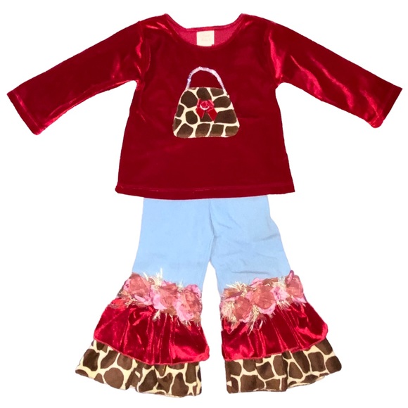 3T Haute Baby Red Velvet Giraffe Feather Embellished Flare Bell Bottom Jeans Set - Picture 1 of 7